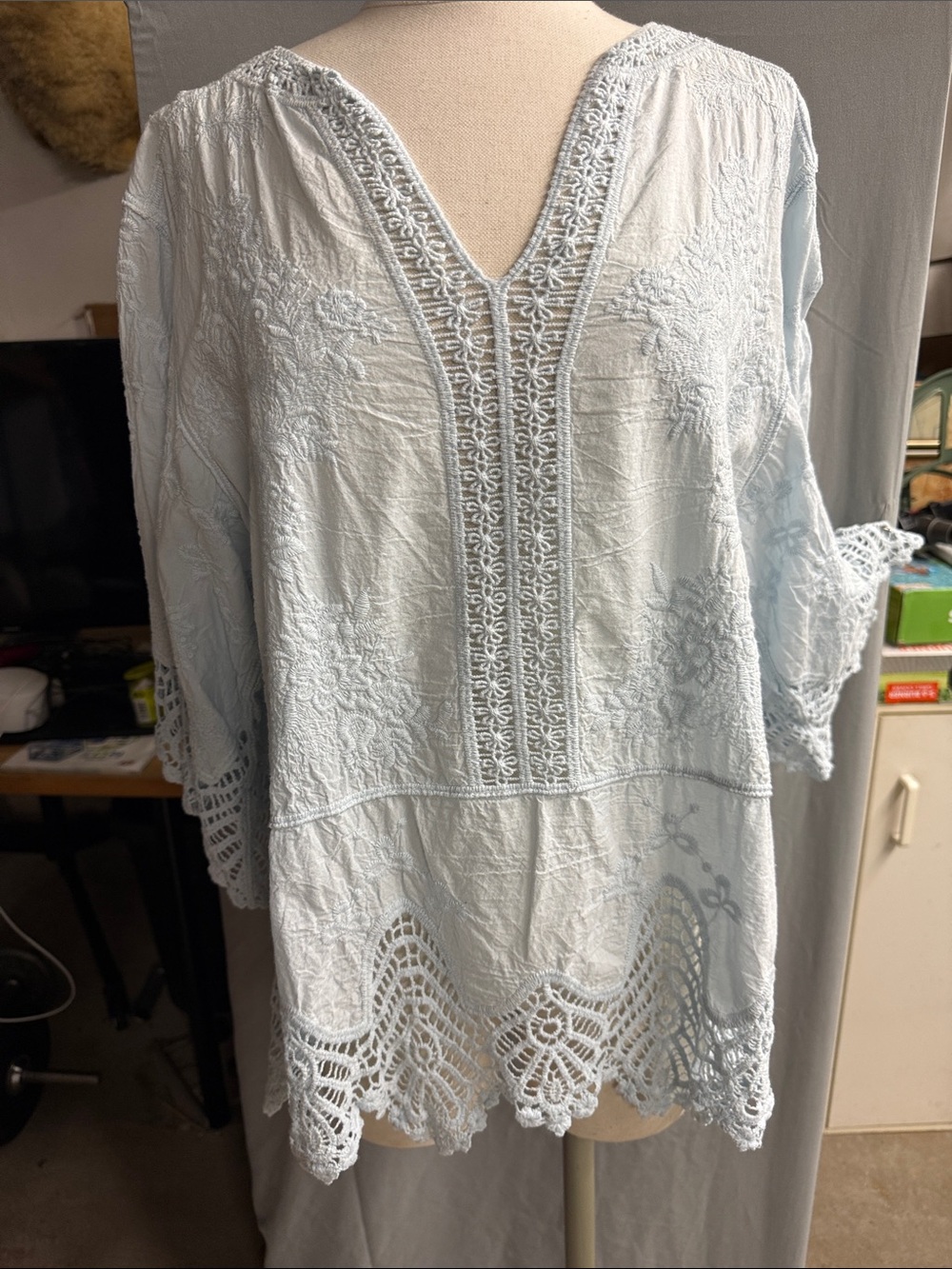 Democracy Pale Blue Embroidered V-Neck Tunic. Never worn